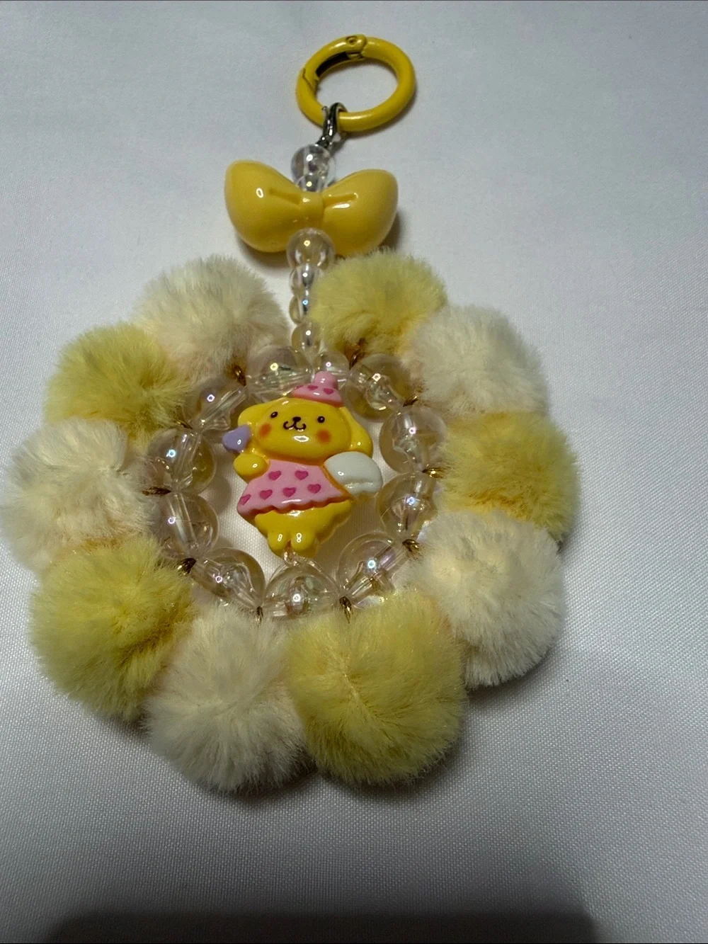 Yellow Plush Pom-Pom Keychain with Cute Character Charm